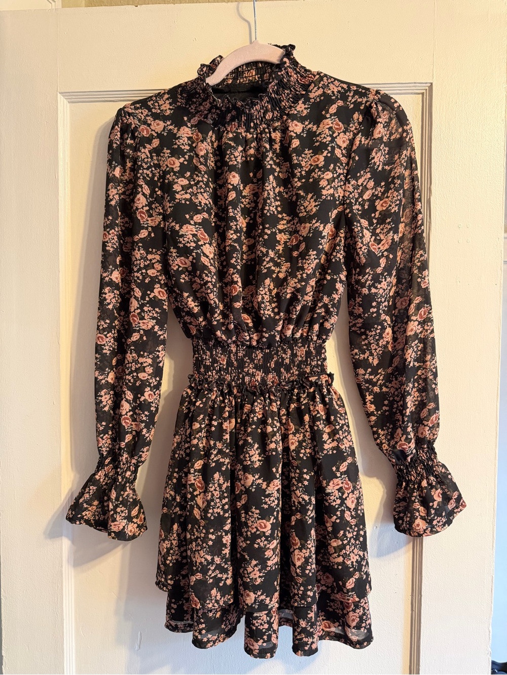Missguided Black Floral Smocked Waist/ Neck/ Sleeve Mini Dress